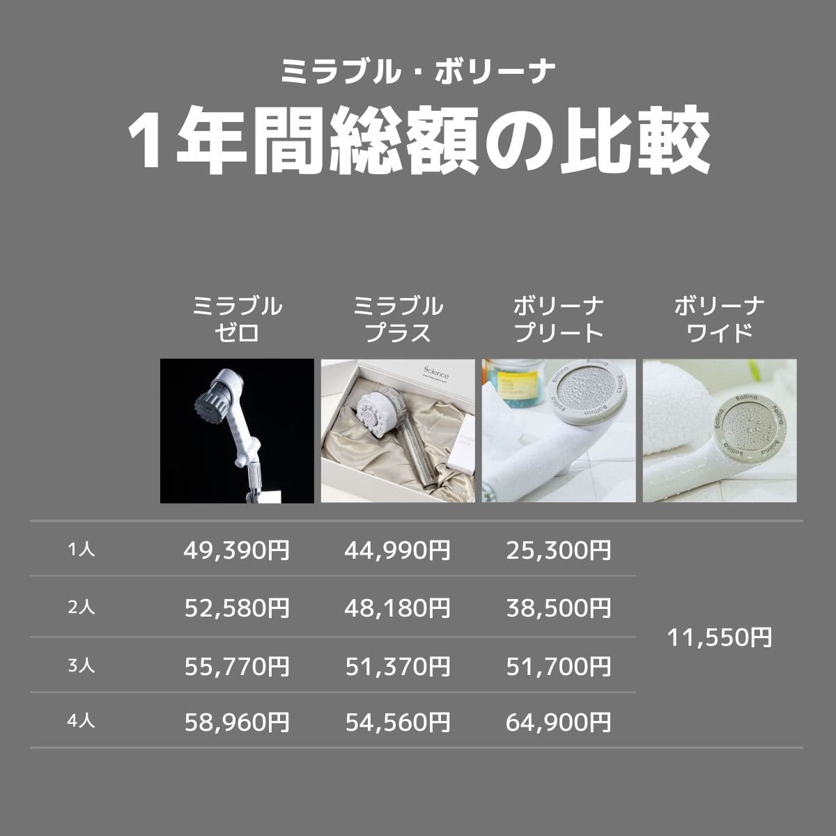 1年間総額の比較｜ミラブル・ボリーナ